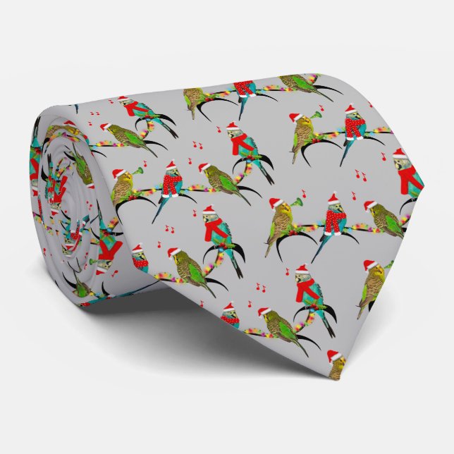 Christmas Budgie Frenzy Tie (Grey) (Rolled)