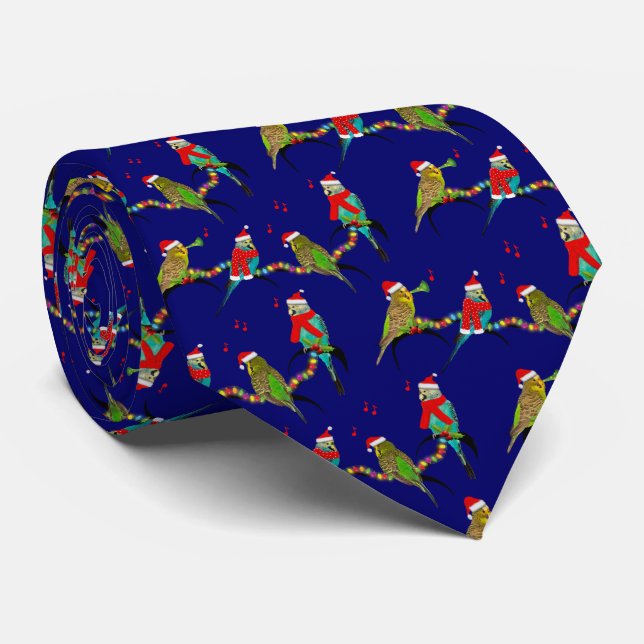 Christmas Budgie Frenzy Tie (Navy) (Rolled)