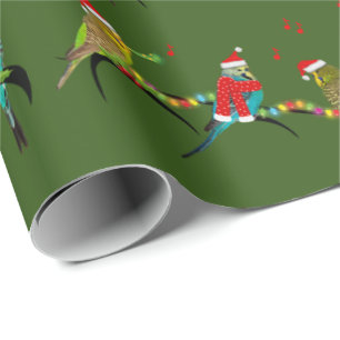 Christmas Budgie Frenzy Wrapping Paper(Dark Green) Paper