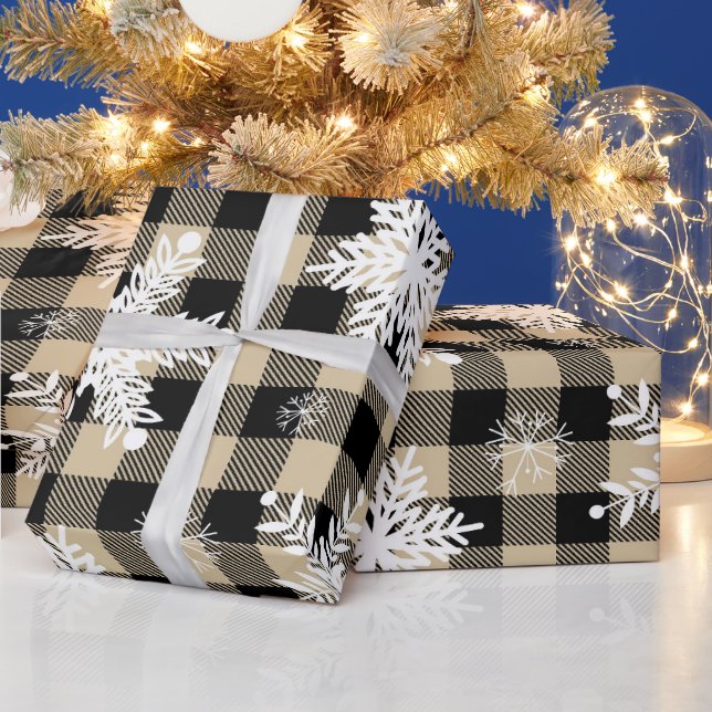 Christmas - Buffalo Plaid Beige Snowflakes Wrapping Paper (Holidays)