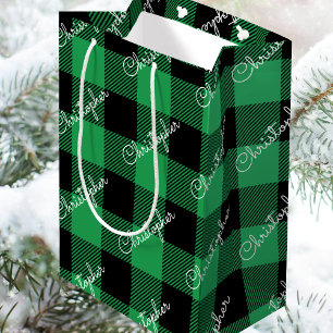 Christmas Buffalo Plaid Custom Name Rustic Green Medium Gift Bag