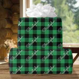 Christmas Buffalo Plaid Custom Name Rustic Green Wrapping Paper