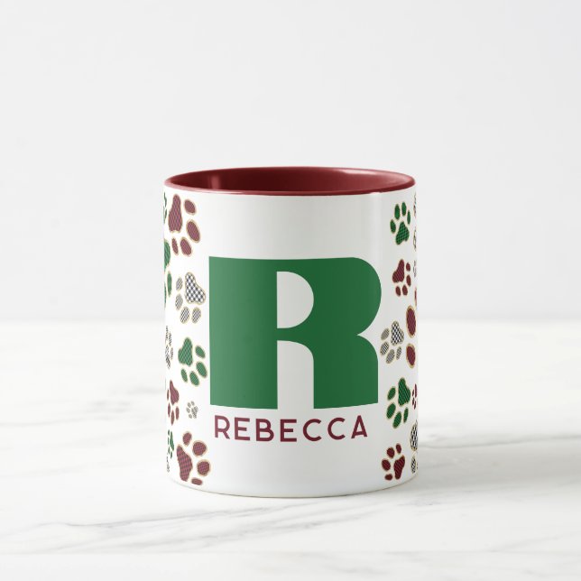 Christmas Buffalo Plaid Dog Paw Monogram  Mug (Center)
