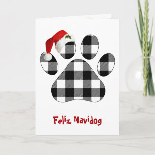 Christmas Buffalo Plaid Dog Paw Print and Hat Card