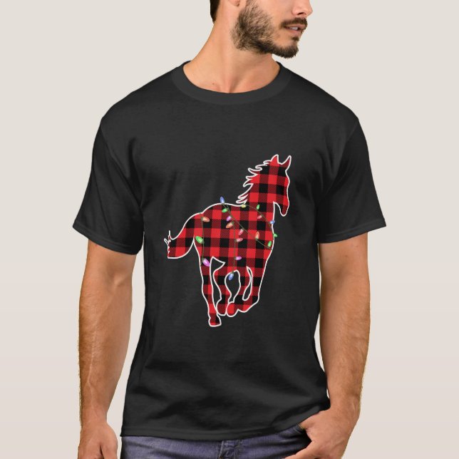 Christmas Buffalo Plaid Horse Cute Horse Lighting  T-Shirt (Front)