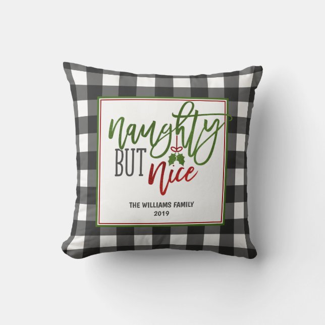 Christmas Buffalo Plaid Naughty But Nice Cushion (Front)