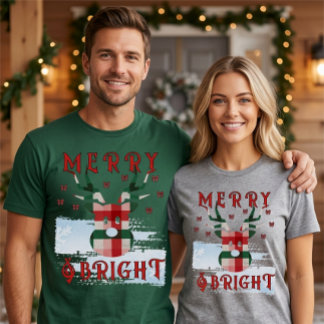 Christmas Buffalo Plaid Reindeer Merry & Bright T-Shirt