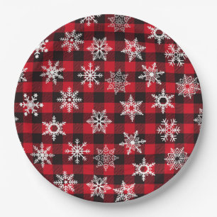 Christmas Buffalo red snowflakes plaid pattern Paper Plate