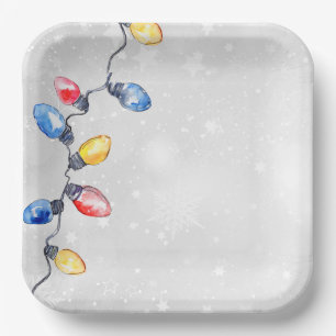 Christmas Bulbs, String Lights, Holiday Paper Plate