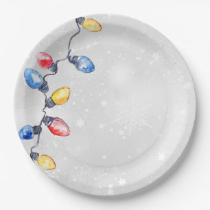 Christmas Bulbs, String Lights, Holiday Paper Plate