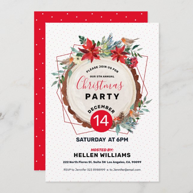 Christmas Bulfinch & Christmas Wood Floral Wreath Invitation (Front/Back)