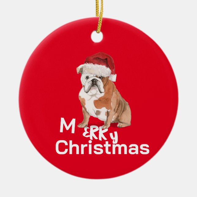 Christmas Bull Dog Merry Greeting Ceramic Tree Decoration (Front)