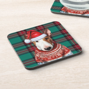 Christmas Bull Terrier Dog Red Green Plaid Holiday Coaster
