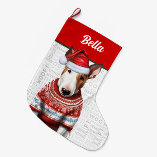 Christmas Bull Terrier with Name Woof Background Large Christmas Stocking