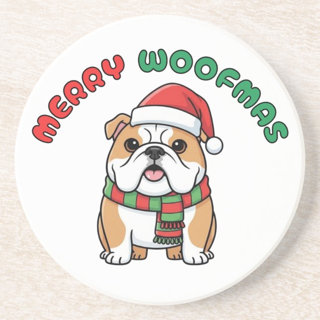 Christmas Bulldog Coaster: Merry Woofmas Coaster (Front)