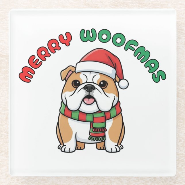 Christmas Bulldog Coaster: Merry Woofmas Glass Coaster (Front)