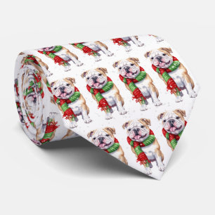 Christmas Bulldog In Snowflakes Tie