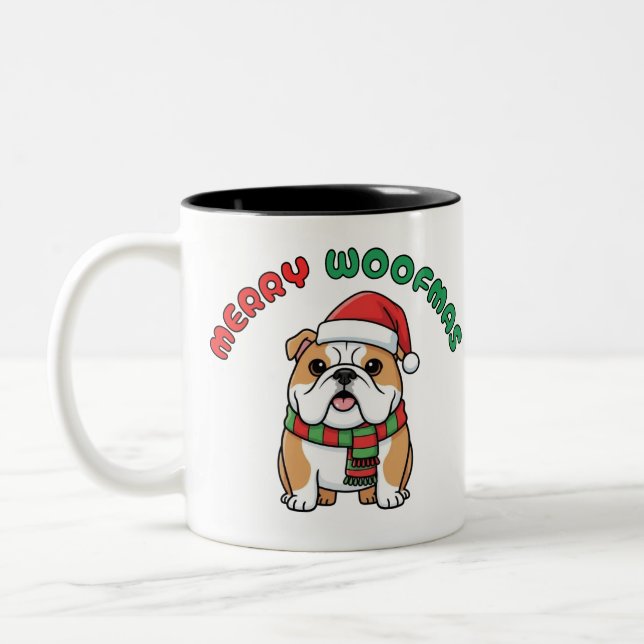Christmas Bulldog Mug: Merry Woofmas Two-Tone Coffee Mug (Left)