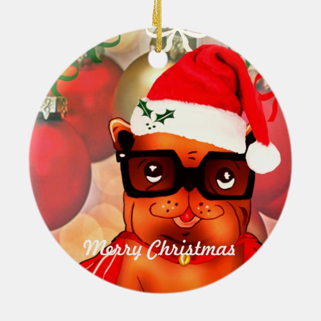 Christmas Bulldog on a christmas ball background Ceramic Tree Decoration (Back)