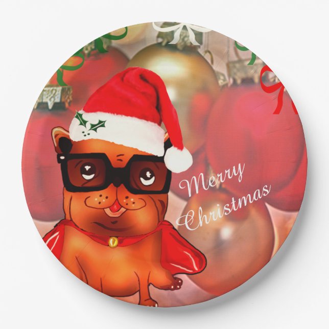 Christmas bulldog on a christmas ball background paper plate (Front)