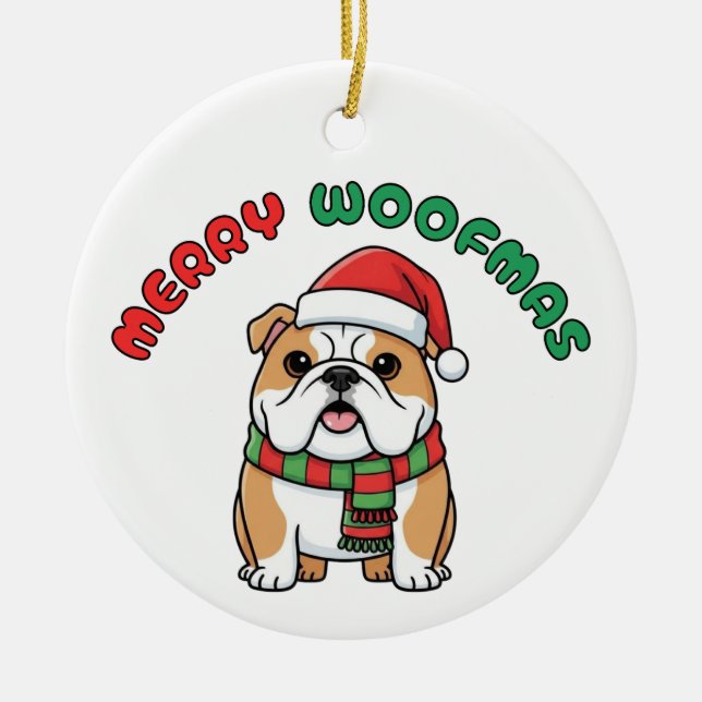 Christmas Bulldog Ornament: Merry Woofmas Ceramic Tree Decoration (Front)