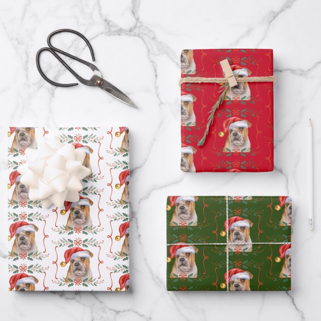 Christmas Bulldog Pattern Wrapping Paper Sheets (Front)