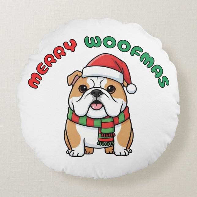 Christmas Bulldog Round Pillow: Merry Woofmas Round Cushion (Front)