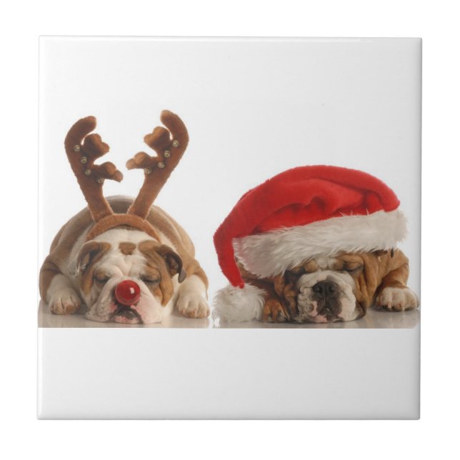 Christmas Bulldogs Ceramic Tile (Front)