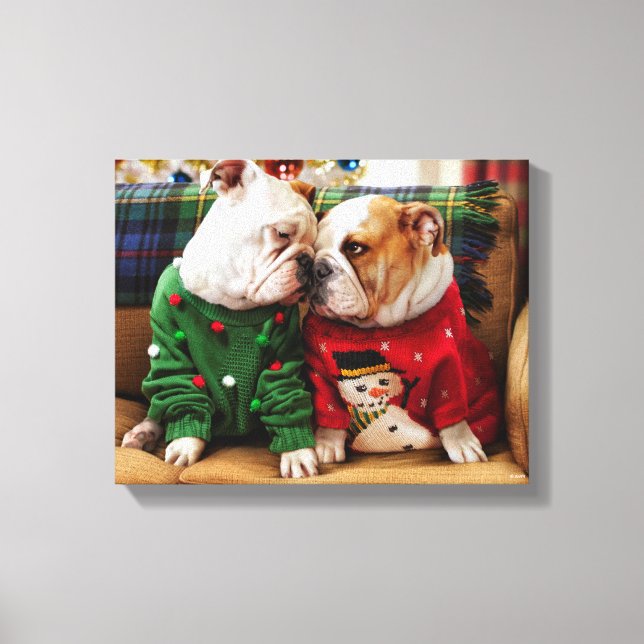 Christmas Bulldogs in Sweaters Canvas Print (Front)