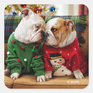 Christmas Bulldogs in Sweaters Square Sticker