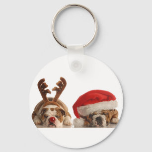 CHRISTMAS BULLDOGS ROUND HOLIDAY KEYCHAIN