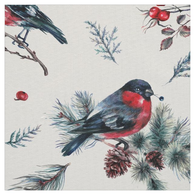 Christmas bullfinch & holly pattern fabric (Swatch)