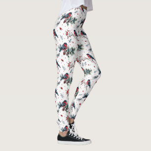 Christmas bullfinch holly pinecones pattern leggings