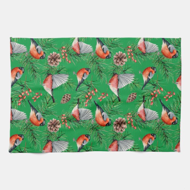 Christmas Bullfinch Tea Towel (Horizontal)