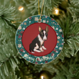 Christmas bullterrier puppy floral ceramic tree decoration
