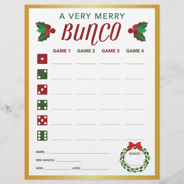 Christmas Bunco Party Game Score Card (Front)