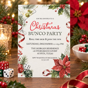 Christmas Bunco Party Watercolor Dice and Martini Invitation