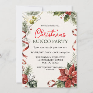 Christmas Bunco Party Watercolor Dice and Martini Invitation