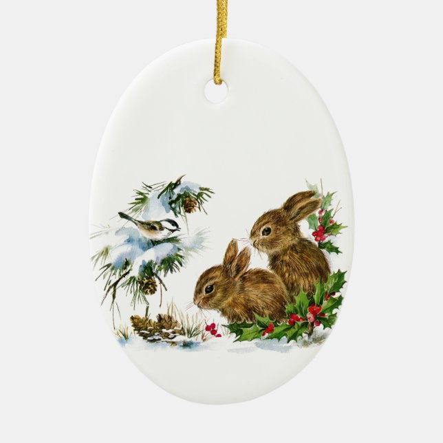 Christmas Bunnies Ceramic Tree Decoration (Front)