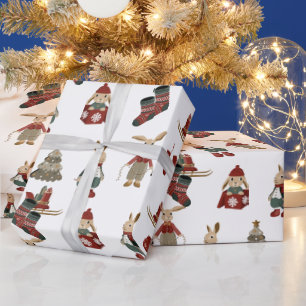 Christmas Bunnies on White Wrapping Paper