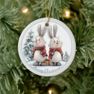 Christmas Bunny and gift, personalized Ceramic Tree Decoration