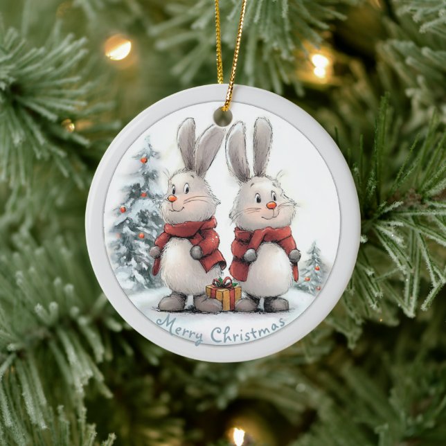 Christmas Bunny and gift, personalized Ceramic Tree Decoration (Tree)