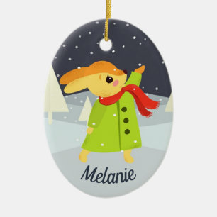 Christmas Bunny Catching Snowflakes Cute Ceramic Tree Decoration