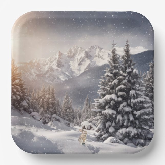 Christmas Bunny In Snowflakes Paper Plate (Front)