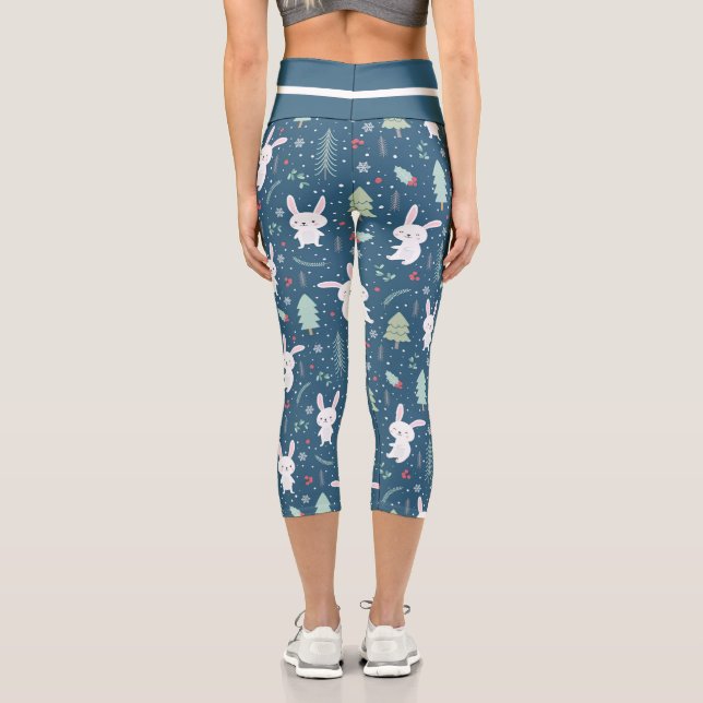 Christmas Bunny on Blue Capri Leggings (Back)
