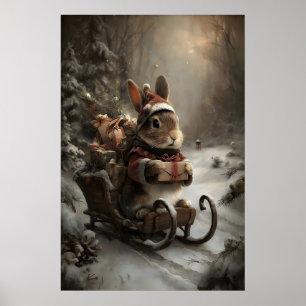 Christmas Bunny on Sleigh, Cosy Winter Animal Art Poster
