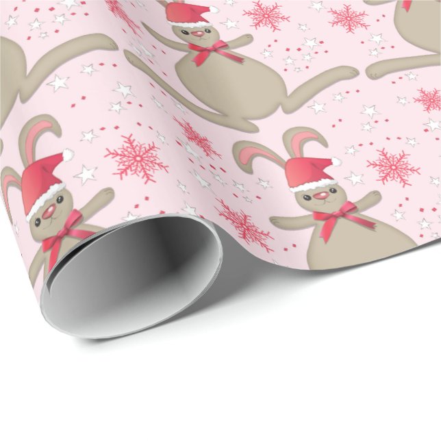 Christmas Bunny Rabbit Santa Hat Pink Xmas Wrapping Paper (Roll Corner)