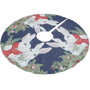 Christmas Bunny Rabbit Whimsical Holiday Snow Brushed Polyester Tree Skirt
