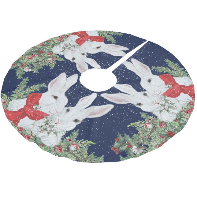 Christmas Bunny Rabbit Whimsical Holiday Snow Brushed Polyester Tree Skirt (Angled)