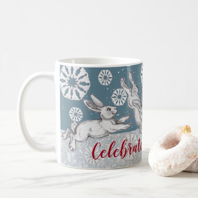 Christmas Bunny Rabbits & Snowflakes Blue Glitter Coffee Mug (With Donut)